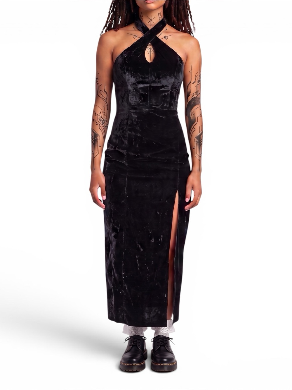 LA GLO 80s Vintage Black Velvet Halter Dress - Criss-Cross - Goth Evening Gown